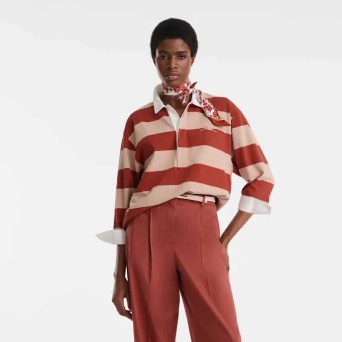 Cream/Coral – Striped jersey Polo shirt