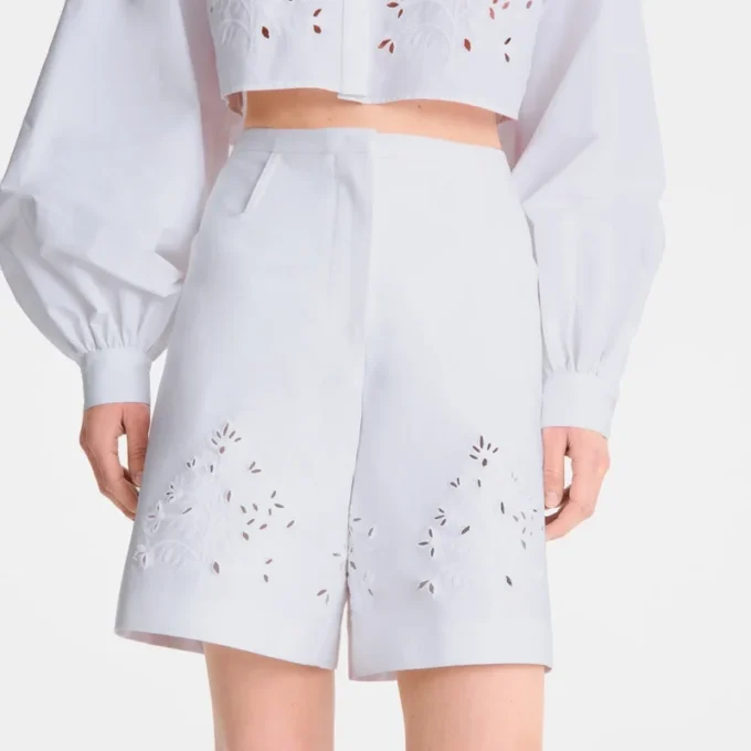 White – Embroidered gabardine Bermuda shorts